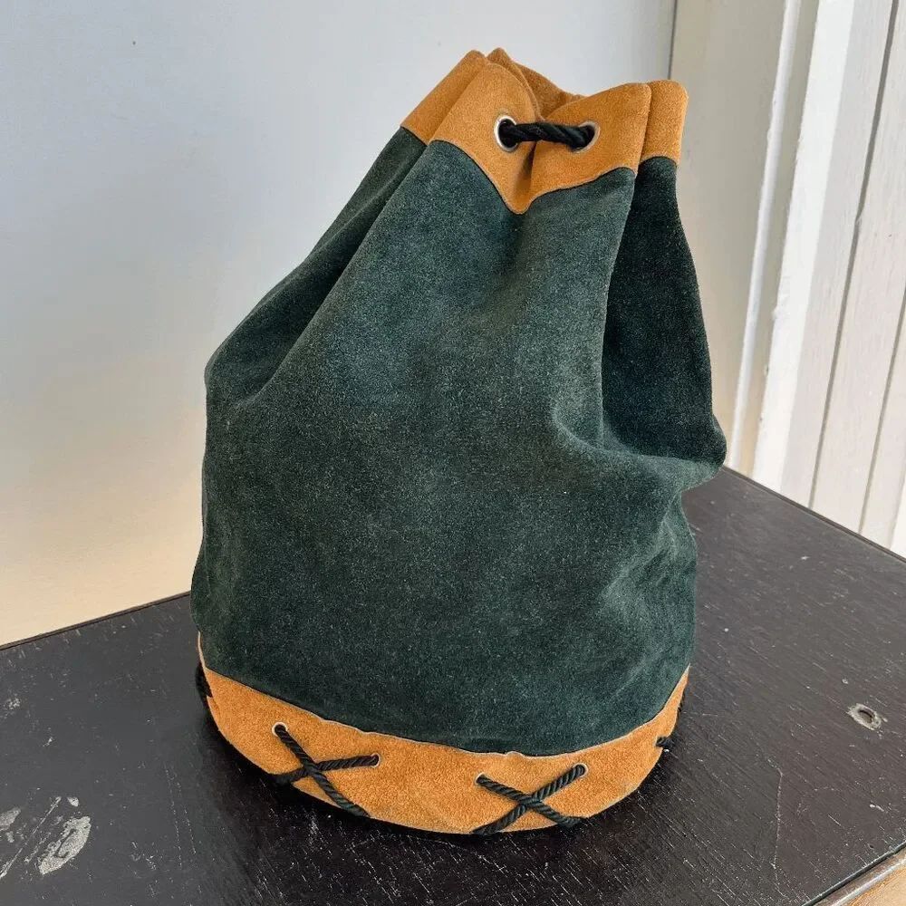 VTG Forest Green Suede Leather Drawstring Backpack USA Boho Minimalist